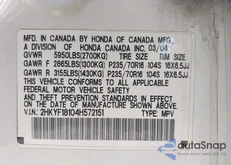 2004 Honda Pilot Lx z USA, uszkodzony, nr VIN 2HKYF18104H572151